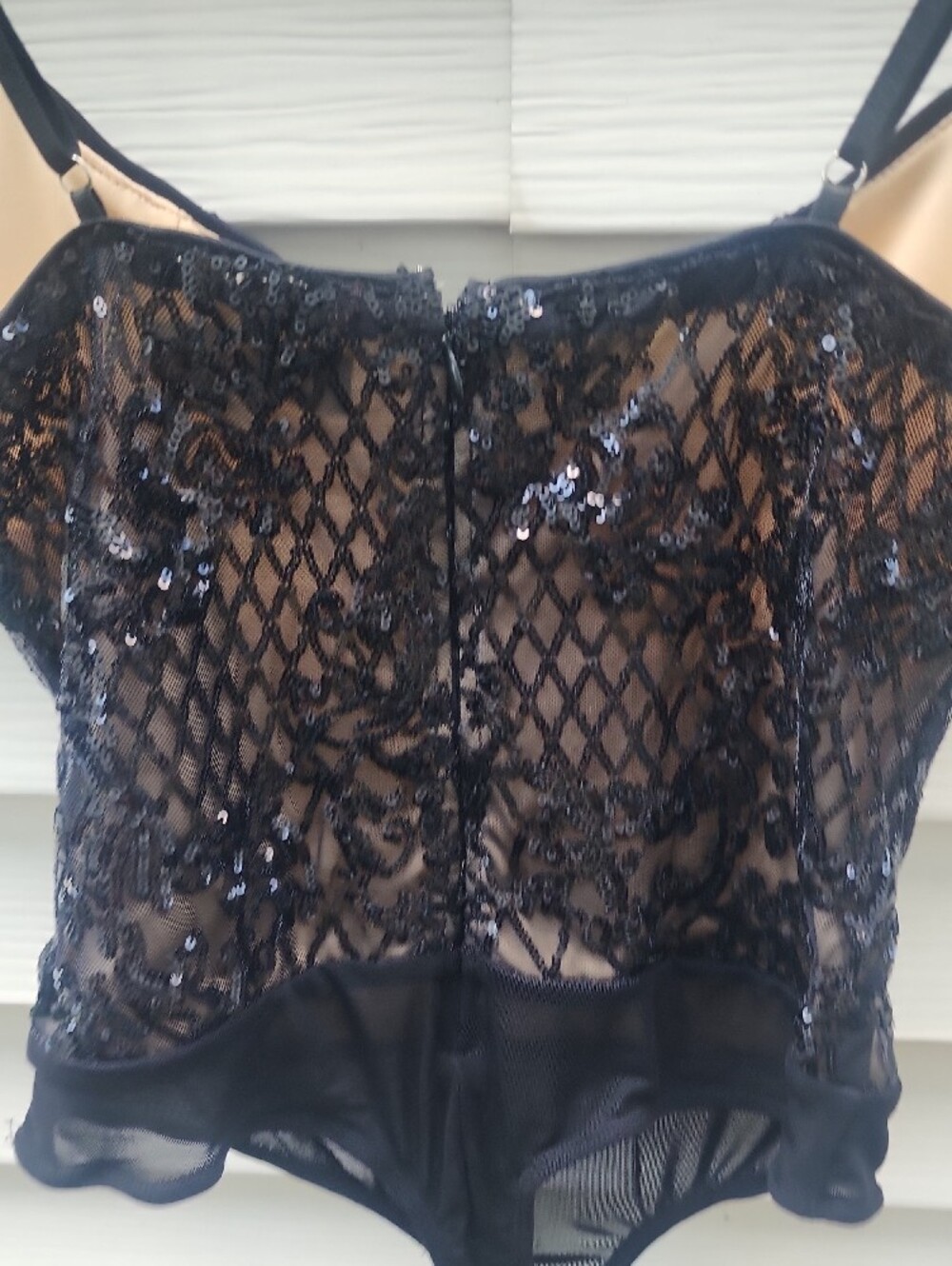 Lulu's Black and Nude Sequin Contrast Lined Bodysuit, Snap Closure - Picture 9 of 10